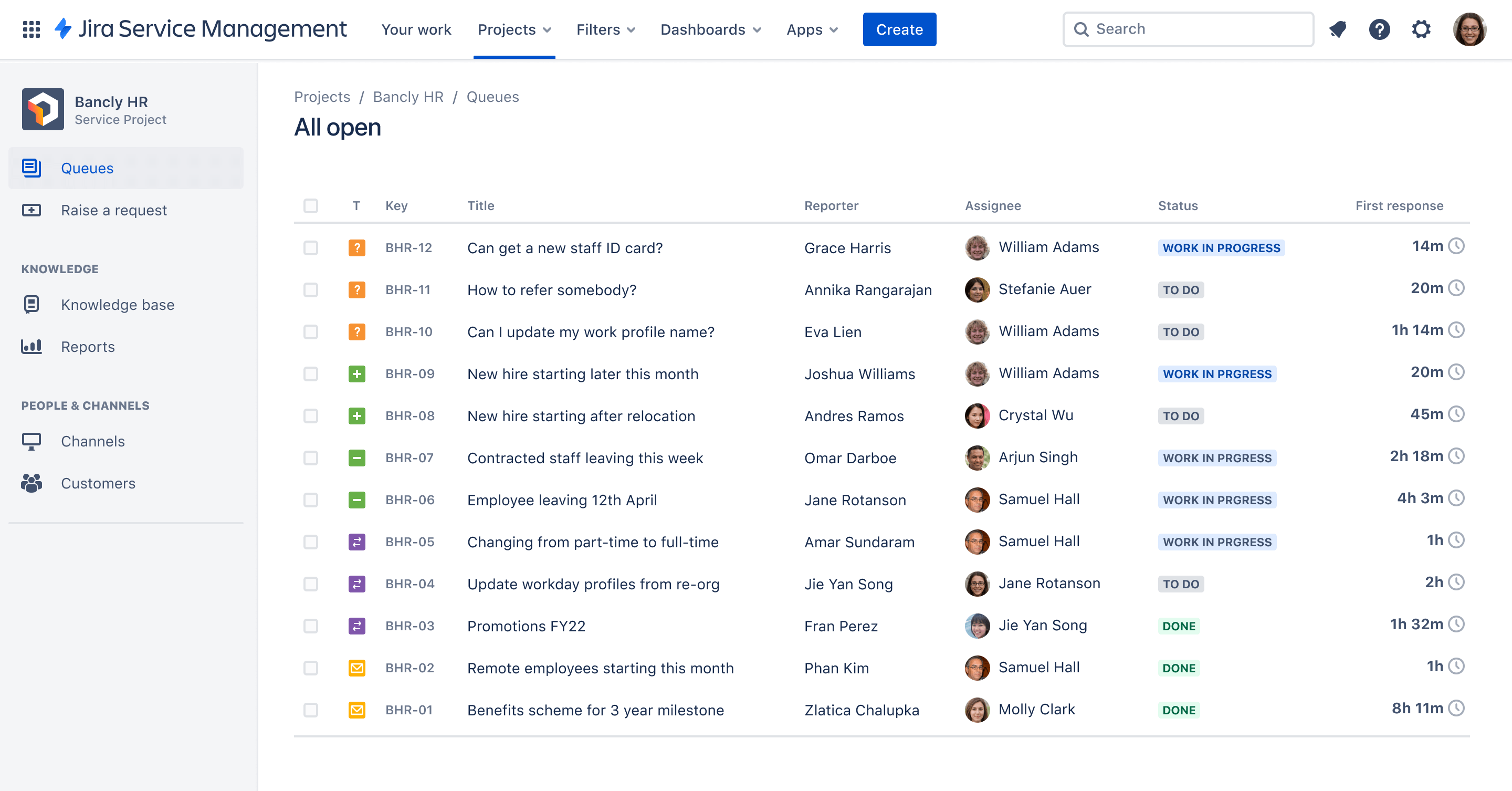 Exibição de fila de gerenciamento de serviços de RH do Jira Service Management